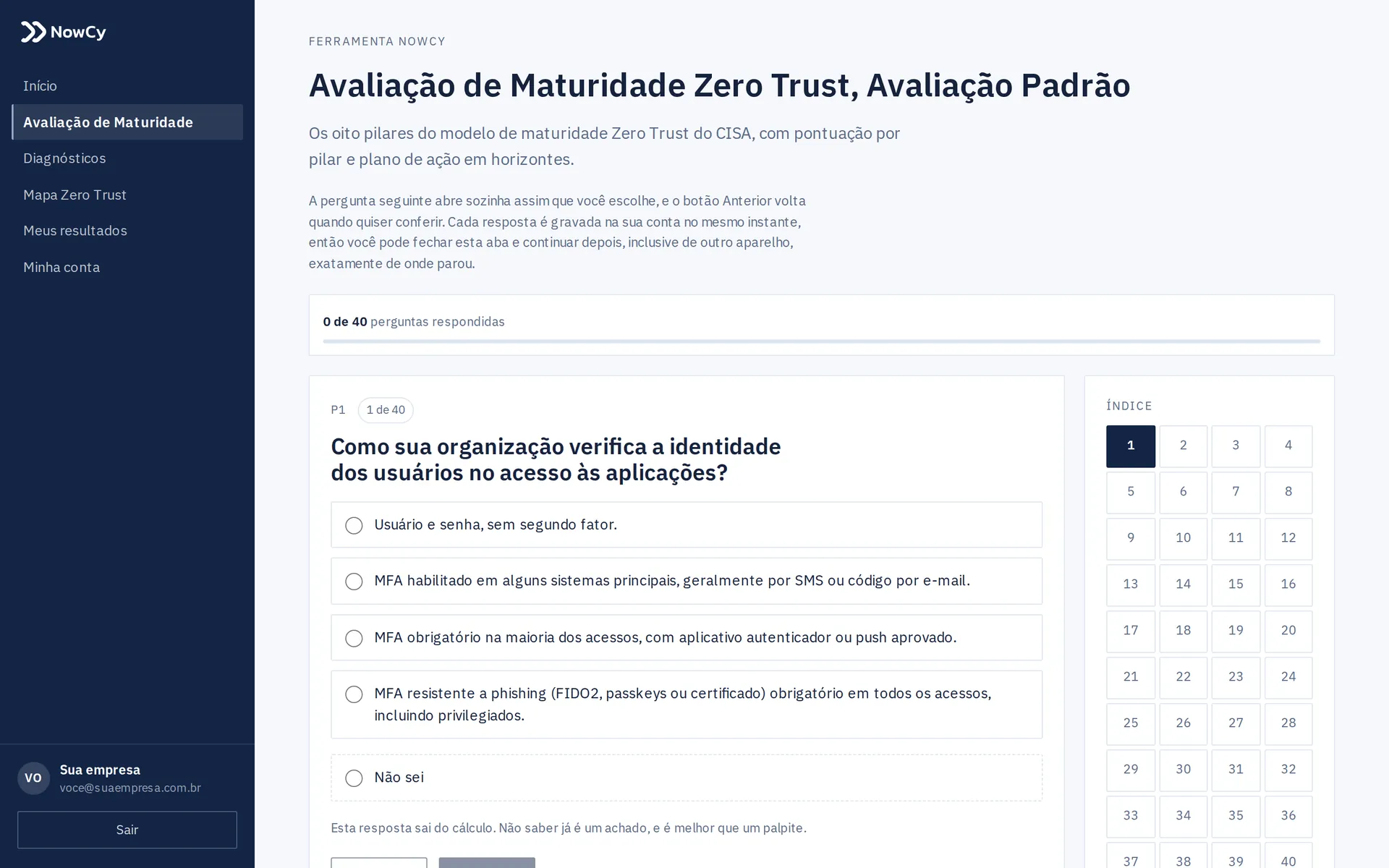Tela do questionário da avaliação, com uma pergunta por vez, as opções de resposta e o progresso da rodada.